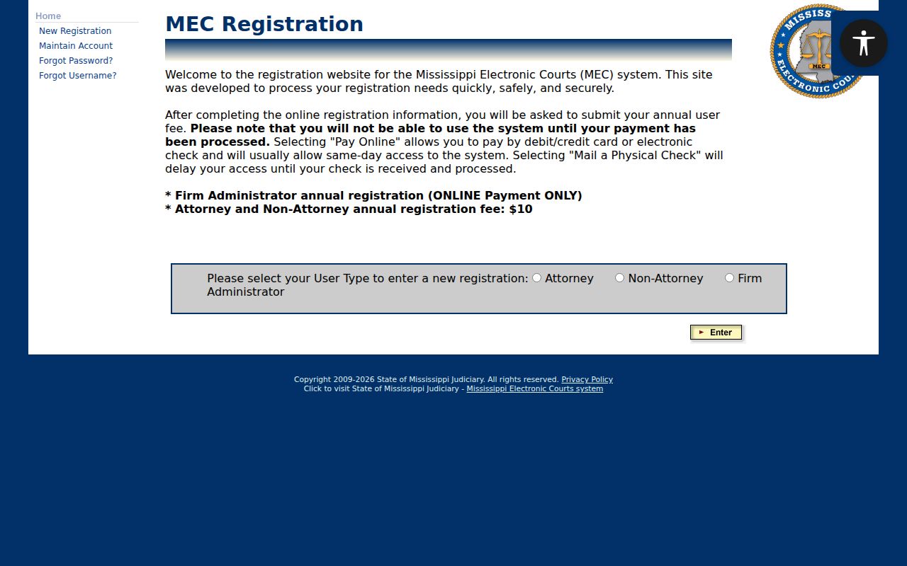 Montgomery County court schedule MEC account registration page