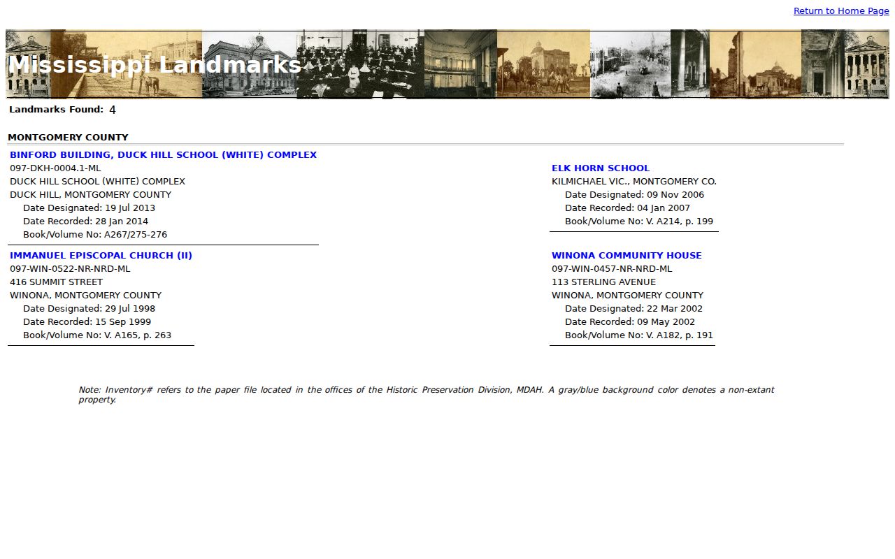 Montgomery County Duck Hill court records reference to the Mississippi landmark list