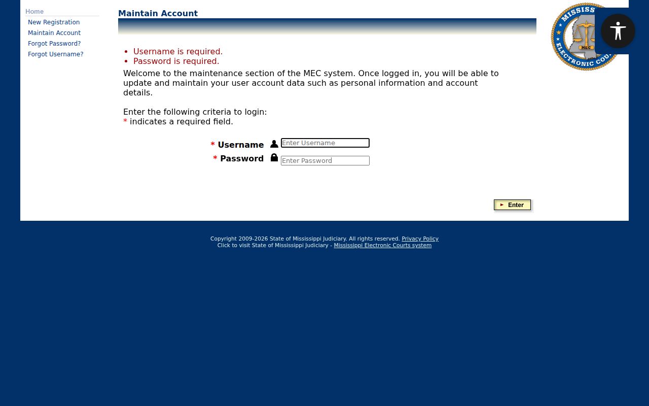Montgomery County court docket PAMEC login screen